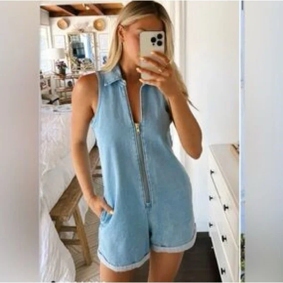 Show Me Your Mumu Women's Medium Wash Reno Sleeveless Denim Romper Size XL NWT - Picture 6 of 14